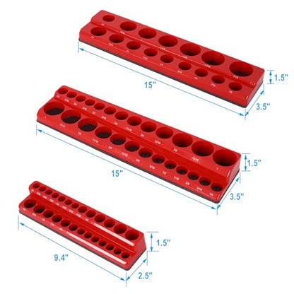 Magnetic Socket Organizer Set, 3-Piece Socket Holder Set Includes 1/4", 3/8", 1/2" Drive Metric SAE Socket Trays, Holds 75 Pieces Standard Size and Deep Size Sockets(Socket not Included) - Red
