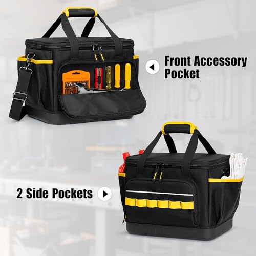 Rexmica Small Tool Bag, 12-Inch Tool Tote Bag with EVA Hard Bottom and Carrying Strap, Multi-functional Tool Storage Organizer for Electrician, Plumber, Mechanic, Automotive, Black-yellow