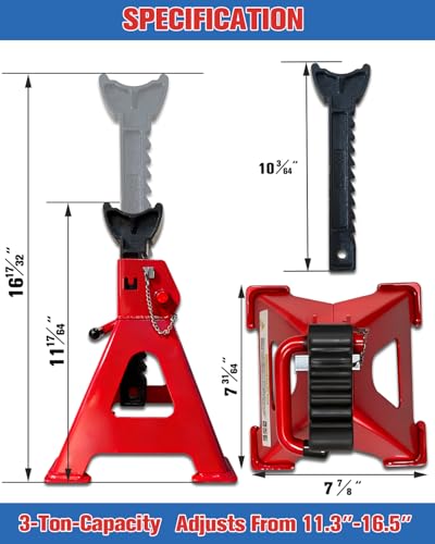 3 Ton Jack Stands (6,600 lbs) - Heavy Duty Car Jack Stand with Double Pin Locking, Adjustable 11.22"-16.54" Height, Extra Rubber Pads for Trucks, Garage, Home Use - 1 Pair Red - size: 3 Ton Double Locking