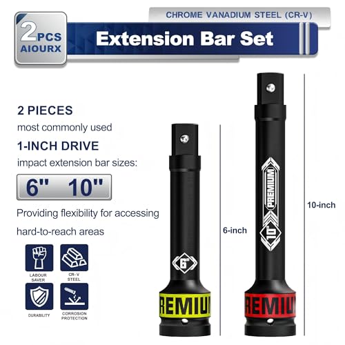 2 Pcs 1" Drive Impact Extension Bar Set, 6" & 10" Length Socket Extensions, CR-V Steel, Narrow and Deep Areas in Bicycle, Automotive Repair or Industrial Operations - size: 1" 6-Inch 10-Inch