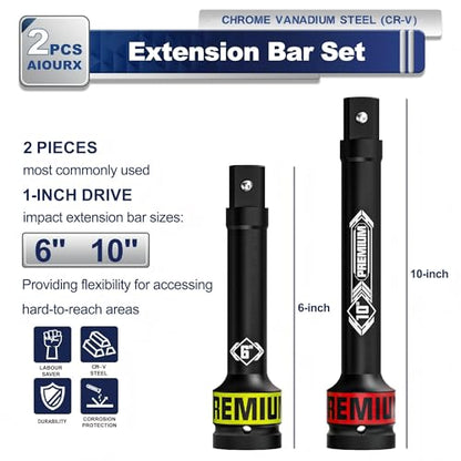 2 Pcs 1" Drive Impact Extension Bar Set, 6" & 10" Length Socket Extensions, CR-V Steel, Narrow and Deep Areas in Bicycle, Automotive Repair or Industrial Operations - size: 1" 6-Inch 10-Inch