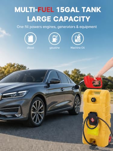 15 Gallon Gas Can, Fuel Tank Container with Fluid Transfer Manual Siphon Pump & 10FT Hose, Portable Diesel Gas Storage Caddy with Wheels for Car, ATV, Weeder, Boat - color: Yellow