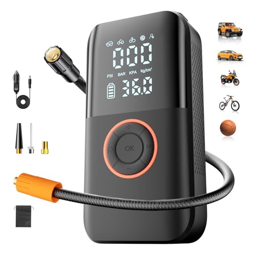 Portable Tire Inflator, 150PSI Cordless Air Compressor with 12V DC Power | Dual Power 5400mAh Air Pump, 6-Min Inflation, Auto Shut-off, Pressure Gauge, LED Light, Built-in Storage, for Car Bike Ball