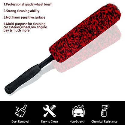 Metal Free Soft Wheel Cleaner Brush, Synthetic Wool Car Cleaning Brush, Highly Water Absorption, Dense and Durable Tire Brush for Cleaning Wheels, Rims, Spokes, Fenders, Engines… - color: Red Eva