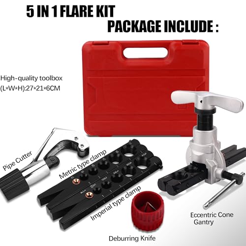 Flaring Tool Kit, Flare Tool HVAC, Copper Pipe Flaring Tool | 1/4''-3/4'' and 6-19mm 45° Eccentric Single Flare Tool with Tubing Cutter. For HVAC, Air Heaters, Refrigerators Maintenance - color: 5-Piece Set