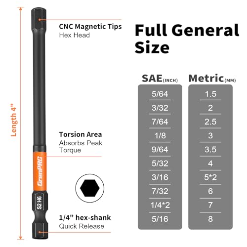 GRENPRO Allen Wrench Drill Bit Set 22pcs Hex Bit Set，Impact Driver Bit Set，Screwdriver Bit Set，Allen Wrenches Sets，Allen Socket Set，4" Long Metric&SAE 1/4" Hex Shank Magnetic Allen Key Drill Bits Sets - size: 4" 22pcs(Metric&SAE)