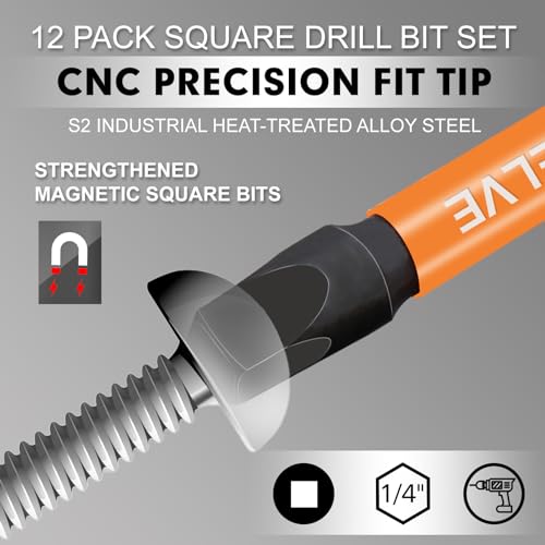 DYRECELVE 12-Pack Square Drive Bit Set, Magnetic Impact Screwdriver Bits | S2 Steel 1/4" Hex Shank, 2.56-Inch Square Head Screwdriver Bits, #0 #1 #2 #3 #4 for RV, Trailer, Cabinet and Deck Repairs - color: Black