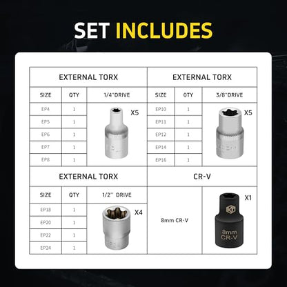 15pc External Torx Plus Socket Set Compatible with Tesla, 6 Point EP Sockets EP4, EP5, EP6, EP7, EP8, EP10, EP11, EP12, EP14, EP16, EP18, EP20, EP22, EP24 with 1/2'' 3/8'' 1/4'', Silver - color: Silver