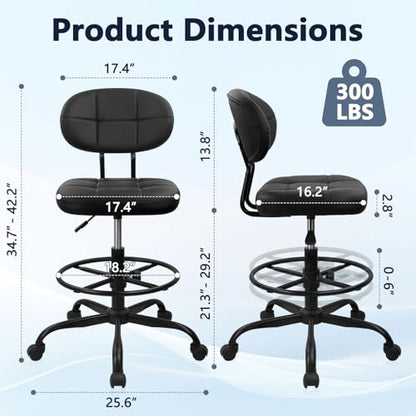 KLASIKA Drafting Stool with Backrest, Tall Adjustable Height Office Chair, PU Leather Swivel Rolling Stool with Footrest & Wheels for Standing Desk, Bar, Salon, Spa, Lab, Counter, Home, Black，2PK - color: Black With Backrest, size: 2PK