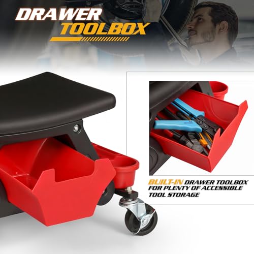 Magshion Garage Creeper Seat with Built-in Storage Drawer & Tool Holder – Durable Plastic Rolling Mechanic Stool with Wheels, 300 Lbs Capacity for Workshop & Auto Repair (Red)