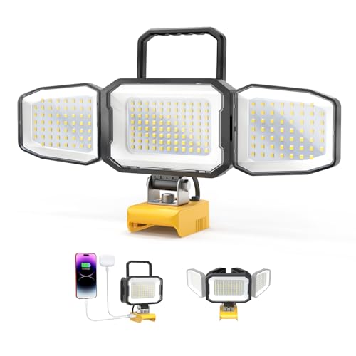 LED Work Light Compatible with DeWalt 20V Battery, 150W 15000LM Flood Light, 6500K Daylight 3-Head Adjustable, USB Type-C&2 Brightness Modes Portable Flashlight Job Site Light (Tool Only) - size: Compatible with DeWalt