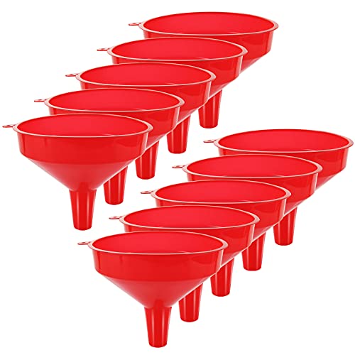 10 Pcs Red Plastic Funnel Set, 6.3 in Wide Mouth Fuel Funnels | PP Plastic, 0.6 in Wide Spout, 5.5 in Tall Body, Hang-Tab Rim, and Nesting Design for Oil, Gas, Coolant, and Dry Goods