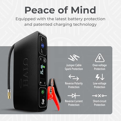 HALO Bolt Air 58830 Portable Car Battery Jump Starter | 100 PSI Air Compressor, 58.8Wh USB Power Bank, Emergency Floodlight & Charger, Jumps Cars SUVs & Trucks, Inflates Tires, TSA Approved — Black - color: Black Graphite