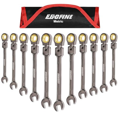 Egofine Flex Head Ratcheting Wrench Set 11 Piece, Metric Wrench Set, CR-V Steel 6-15mm Wrench, 72-Teeth Combination wrench set, Nickel Plating Ratchet Wrenches Set with Tool Roll Bag - style: Metric-11 piece set