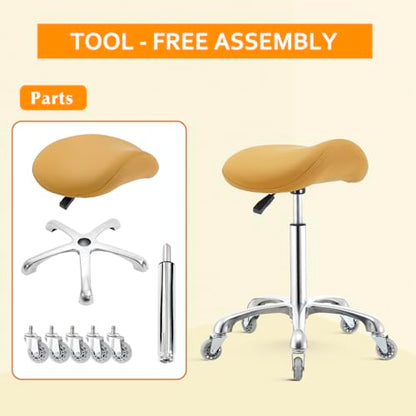 Saddle Stool Chair with Wheels,Ergonomic Swivel Rolling Height Adjustable for Salon Beauty Clinic Dentist Tattoo Home Office - color: Camel, size: No Backrest