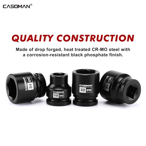 CASOMAN 15-Piece 3/4" Drive Shallow Spindle Axle Nut Impact Socket Set, 6-Point, Standard Large Socket Set, Metric (17mm -55mm), CR-MO Steel, with Storage Case