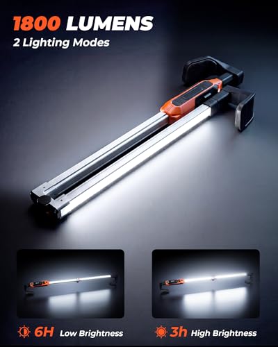 Underhood Work Light Bar, 180°Foldable Mechanic Light & 360°Rotatable Kickstand, Extendable 45.28"-72.83", 1800LM Rechargeable LED Work Light, 2-in-1 Charging Modes Engine Bay Light for Car Repair