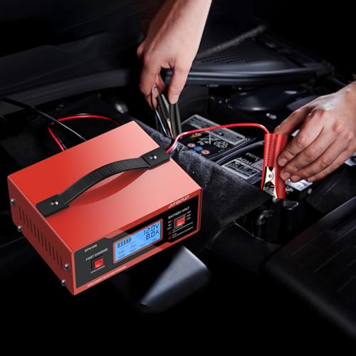 AUTOUTLET Upgraded 8 Volt Battery Charger for Golf Cart Automotive Battery Charger and Maintainer 0-14A with Cable Clamps for 6/8/12/14/16/24V Lead-Acid Batteries - color: Red