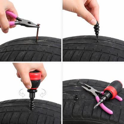 Roadside Emergency Tire Repair kit - 60pcs Tire Repair Screws, Easy Screw in Tire Plugs for Car Bycicle, No-Removal Rubber Tire Plug Screws Kit for Tubeless - Screwdriver, Pliers & Storage Case