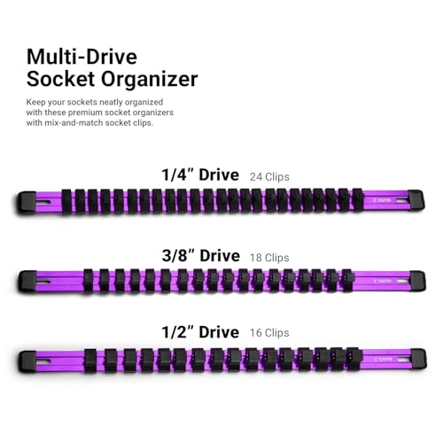 Capri Tools Aluminum Socket Rail, 1/4 in. Drive, 17 in. Long, 24 Socket Clips, Purple - color: Purple, size: 1/4 in. Drive