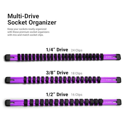 Capri Tools Aluminum Socket Rail, 1/4 in. Drive, 17 in. Long, 24 Socket Clips, Purple - color: Purple, size: 1/4 in. Drive