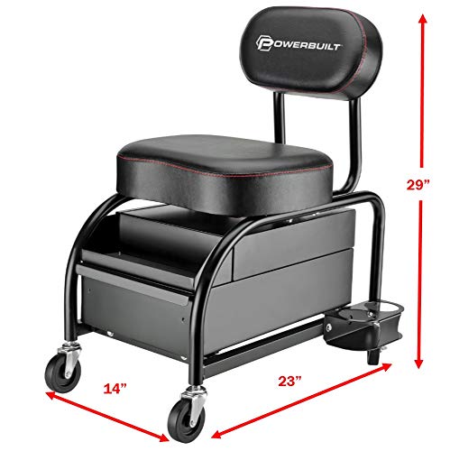 Powerbuilt Professional Car Detailers Mechanics Roller Seat, Heavy Duty Garage Stool with Thick Padded Seat and Backrest, 2 Sliding Storage Drawers, Tool Tray, Can Holders, 3in. Swivel Casters–240299 - style: Heavy Duty