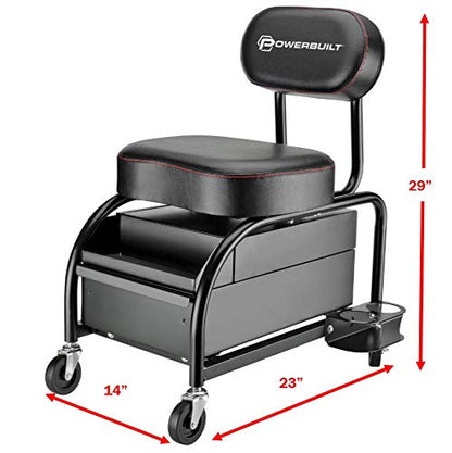 Powerbuilt Professional Car Detailers Mechanics Roller Seat, Heavy Duty Garage Stool with Thick Padded Seat and Backrest, 2 Sliding Storage Drawers, Tool Tray, Can Holders, 3in. Swivel Casters–240299 - style: Heavy Duty