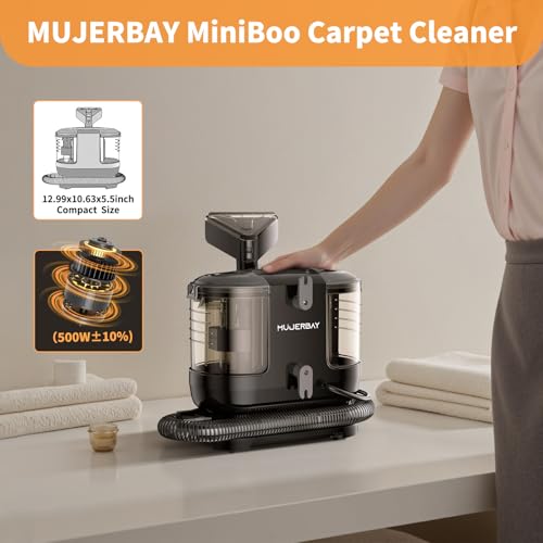 Miniboo Carpet Cleaner, Compact & Powerful Upholstery Cleaner Machine,Portable Spot with 360°Wheels, 1.3-inch Deep Stain Small Rug Cleaner for Car, Stairs, Couches. Black