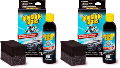 Invisible Glass 91411 Glass Stripper – Hard Water Spot Remover – Strips Coatings, Waxes, Oils & Road Film – Preps Windshields for Rain Repellent & Ceramic Coating, 4 Fl Oz (Pack of 2) - size: 4 Fl Oz (Pack of 2)