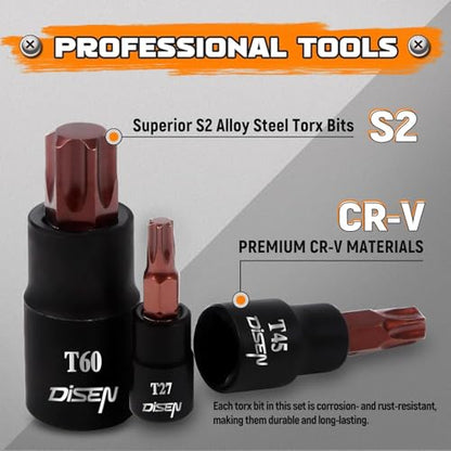 DISEN 42-Piece Master Torx Bit Socket, CR-V&S2 Alloy Steel, Socket Set and Bits T8-T70,E-Torx E4-E24, TT10-TT55, Impact Socket Adapter,High Torque for Automotive Mechanic