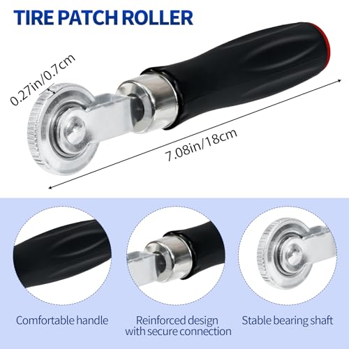 33PCS Tire Repair Patch Tools Tire Patch Kit, 30PCS Tire Patches(32mm/ 42mm/ 58mm with Tire Patch Roller, Tire Repair Buffing Wheel, Tire Inner Liner Scraper for Car Motorcycle Bike