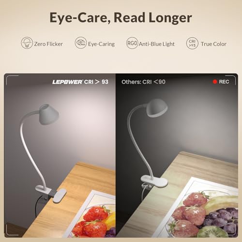 LEPOWER Clip on Light, Reading Lights for Books in Bed, 400LM, RG0 Eye-Care | 5 Colors & Stepless Dimming, Amber Glow Light & Auto Timer, Up to 2.3" Strong Clamp with Adapter for Headboard, Bedside, Desk - color: White