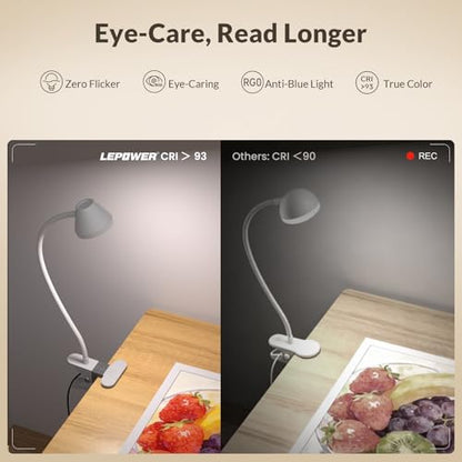 LEPOWER Clip on Light, Reading Lights for Books in Bed, 400LM, RG0 Eye-Care | 5 Colors & Stepless Dimming, Amber Glow Light & Auto Timer, Up to 2.3" Strong Clamp with Adapter for Headboard, Bedside, Desk - color: White