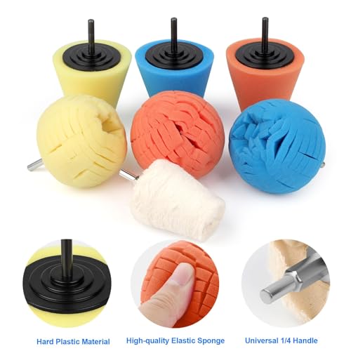 Linkstyle 7PCS Car Wheel Hub Drill Buffing Sponge Pads Kit, 1/4" Cone Metal Buffer Pads Polishing Kit Foam Polishing Balls Wheel Polishing Kit for Drills