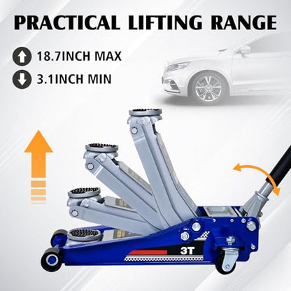 3 Ton Low Profile Hydraulic Floor Jack, Heavy Duty Steel Dual Piston Quick Lift Pump, CE Certified - size: 3T - Low Profile (3.1" Min Height)