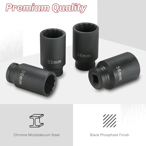 1/2-Inch Drive Impact Socket Set 4PCS 30mm 32mm 34mm 36mm | Heavy-Duty Deep Spindle Axle Nut Socket Set, CR-MO, Metric 12 Point, Professional Axle Nut Removal and Installation Kit