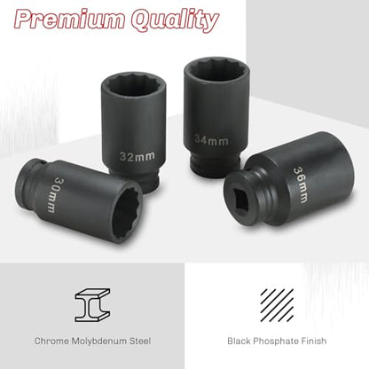 1/2-Inch Drive Impact Socket Set 4PCS 30mm 32mm 34mm 36mm | Heavy-Duty Deep Spindle Axle Nut Socket Set, CR-MO, Metric 12 Point, Professional Axle Nut Removal and Installation Kit