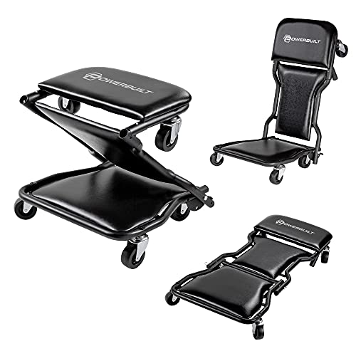 Powerbuilt 42-Inch Triplex Folding Creeper, Rolling Seat, and Brake Stool, All-in-One Adjustable Roller Garage Chair, Lay Down or Sit, Black 620469 - style: 3-in-1