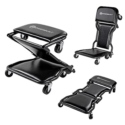 Powerbuilt 42-Inch Triplex Folding Creeper, Rolling Seat, and Brake Stool, All-in-One Adjustable Roller Garage Chair, Lay Down or Sit, Black 620469 - style: 3-in-1