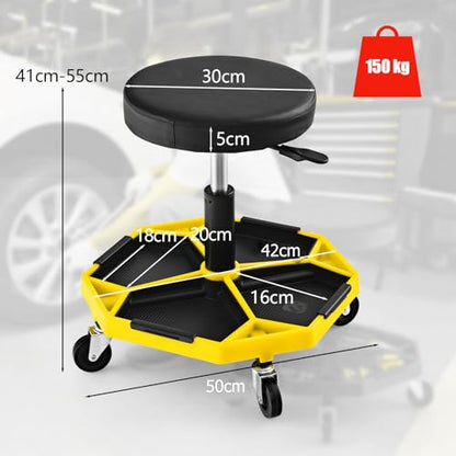 TANGZON 150KG Pneumatic Rolling Mechanic Stool, 41CM-55CM Height Adjustable & 360° Swivel Roller Creeper Seat with Removable Tool Tray and Wheels, Heavy Duty Padded Garage Workshop Stool (Yello+Black) - color: Yello+black