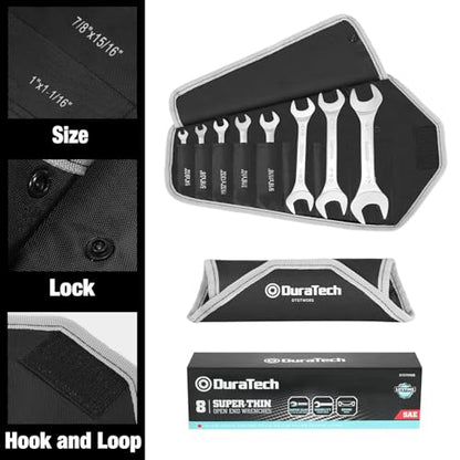 DURATECH Super-Thin Open End Wrench Set, SAE, 8-Piece, Including 1/4", 9/32", 5/16", 3/8", 11/32", 13/32", 7/16", 1/2", 9/16", 11/16", 3/4", 13/16", 7/8", 15/16", 1", 1-1/16", with Rolling Pouch - color: Silver, size: SAE