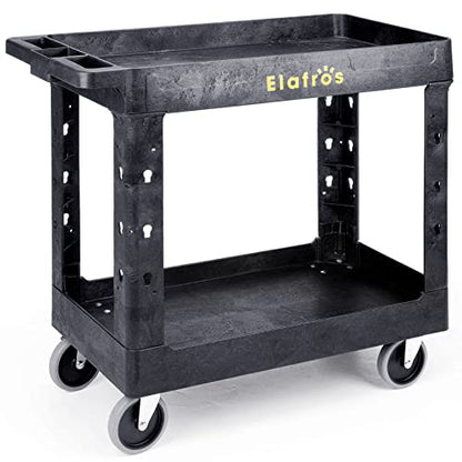 ELAFROS 2-Tier Utility Rolling Cart, 34 x 17 in, 5" Swivel Wheels, 550lb | Deep Tub Shelves, Plastic Service Cart, Work Cart, Tool Cart, Tub Storage Organizer, Warehouse Garage Cleaning Supplies