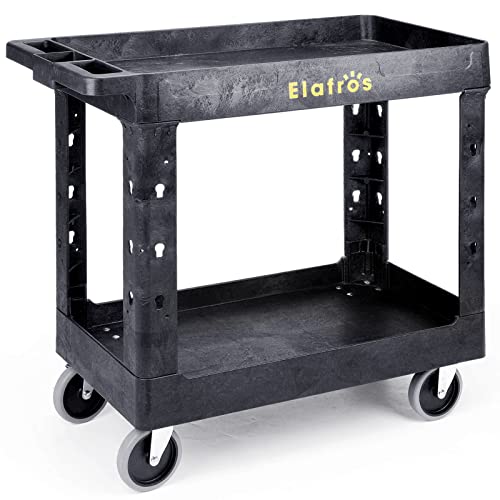 ELAFROS 2-Tier Utility Rolling Cart, 34 x 17 in, 5" Swivel Wheels, 550lb | Deep Tub Shelves, Plastic Service Cart, Work Cart, Tool Cart, Tub Storage Organizer, Warehouse Garage Cleaning Supplies