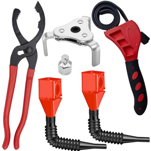 5Pcs Automotive Oil Filter Wrench Set Contains Rubber Strap Wrench, 3-Jaw Universal Oil Filter Removal Tool, Car Snap Funnel for SUVs, ATVs, Vehicle, Motorcycles, Trucks