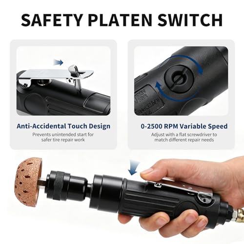 Pneumatic Tire Plug Tools Kit 2500RPM Low Speed Tire Buffer Grinder with Tungsten Steel Grinding Head, Tire Scraper, Rubber Pressure Roller Tire Patch Kit for Auto Tire Repair and Maintenance