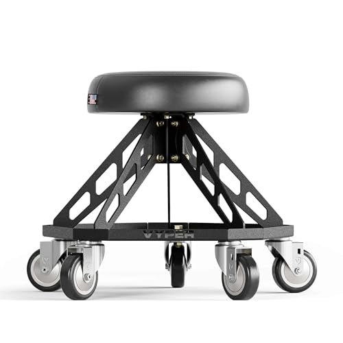 Vyper Robust Steel Pro Garage Stool Large Wheels, Black Frame | Robust steel garage stool with 400 lb capacity, large industrial casters, foam seat, tool tray, and red frame for auto or DIY - color: Black Seat, Black Frame
