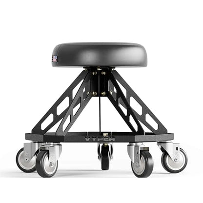 Vyper Robust Steel Pro Garage Stool Large Wheels, Black Frame | Robust steel garage stool with 400 lb capacity, large industrial casters, foam seat, tool tray, and red frame for auto or DIY - color: Black Seat, Black Frame
