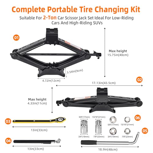 Car Jack Kit, Scissor Jack for Car 2 Ton (4409 lbs), Portable Tire Changing Kit with Scissor Jack, Ratchet Wrench, Lug Wrench, Gloves, Pencil Tire Pressure Gauge for Car/MPV/SUV