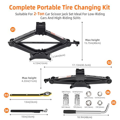 Car Jack Kit, Scissor Jack for Car 2 Ton (4409 lbs), Portable Tire Changing Kit with Scissor Jack, Ratchet Wrench, Lug Wrench, Gloves, Pencil Tire Pressure Gauge for Car/MPV/SUV
