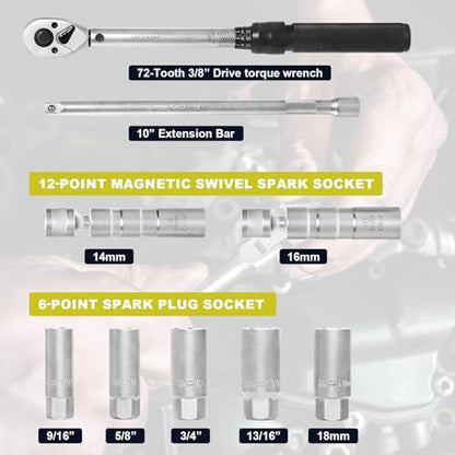 9-Piece Spark Plug Socket Set with 3/8 Inch Drive Click Torque Wrench,72 Tooth 10-45 Ft.Lbs (13.5-61Nm) Torque Wrench Set CR-V Steel Magnetic Swivel Spark Plug Set